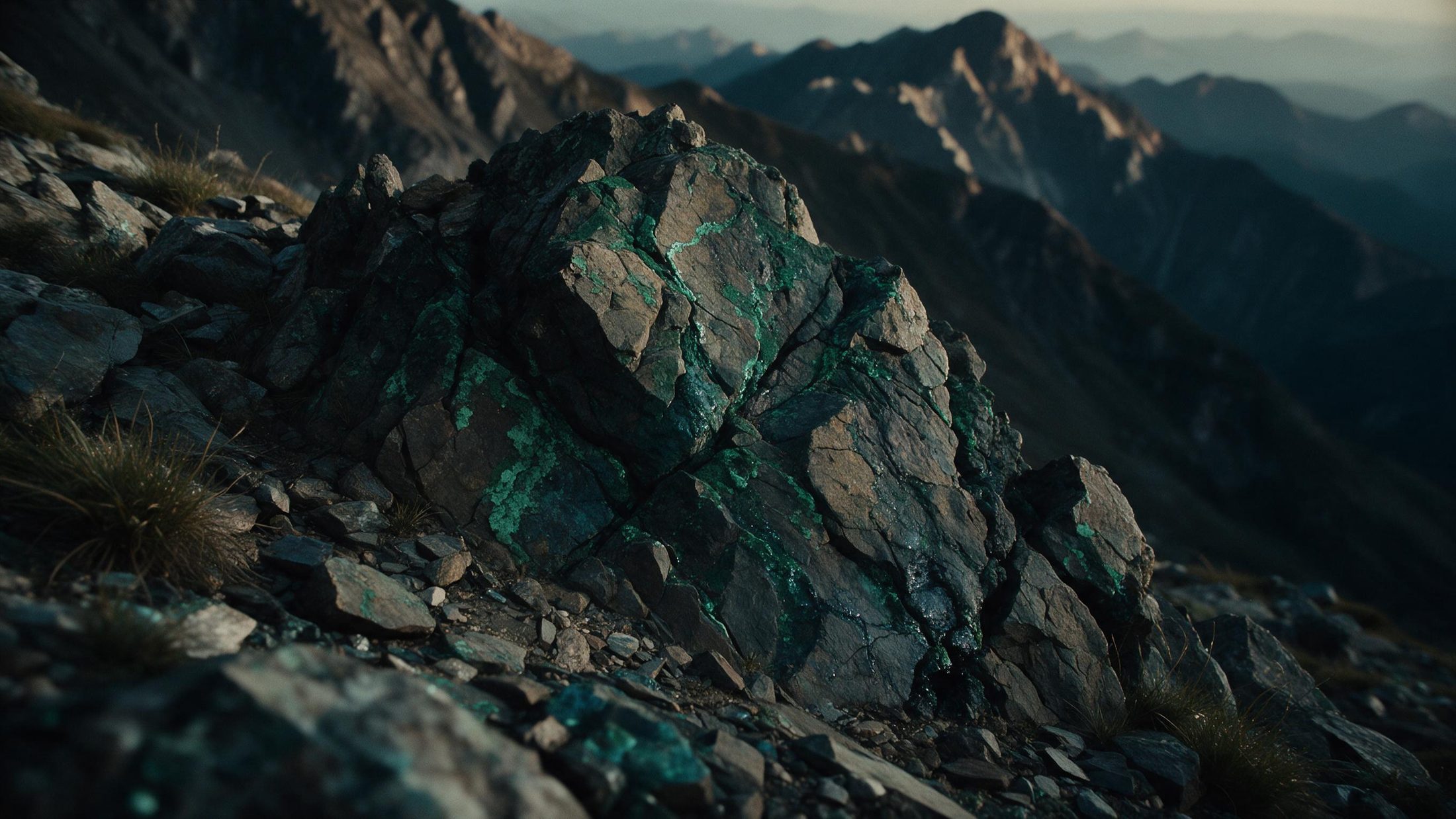 Copper staining on a rock outcrop at dawn